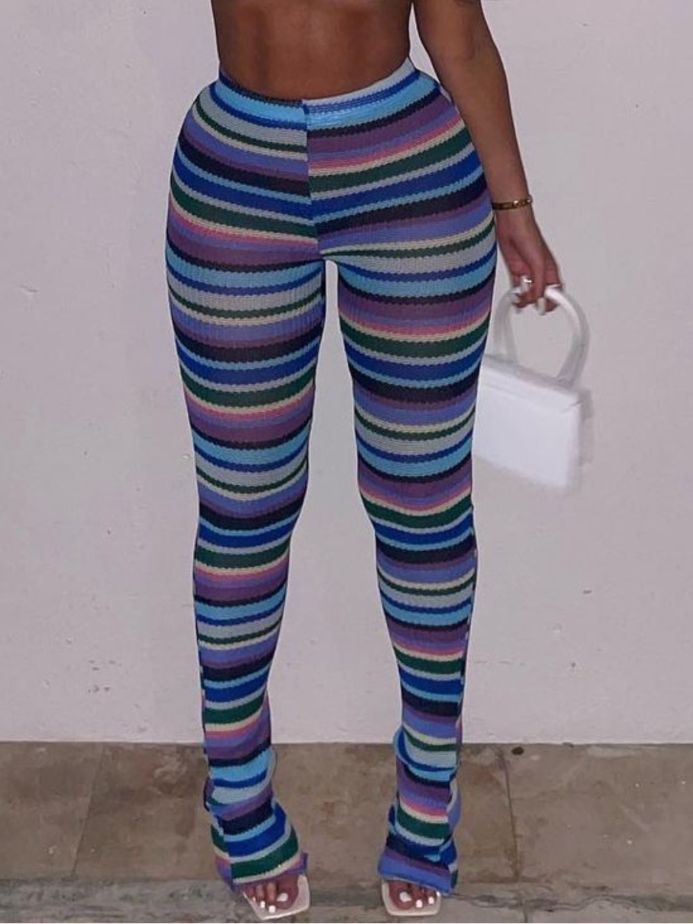 Striped Crochet Knit Flared Pants - Blue, Purple & Mint